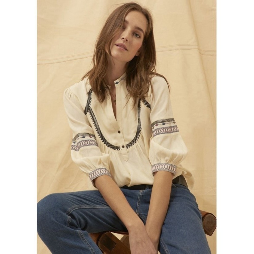 ba&sh Plume Embroidered Blouse Ecru Boho Top S Viscose NWOT Retail $237